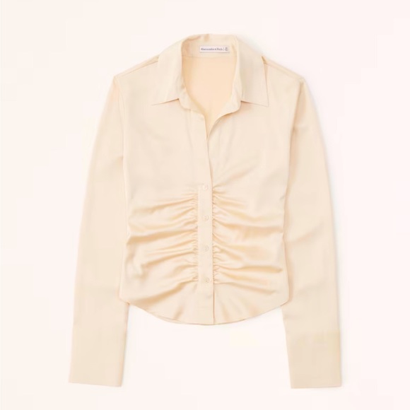 Abercrombie & Fitch Long-Sleeve Satin Ruched Button-Up Shirt. Cream color. XL. - Picture 1 of 5